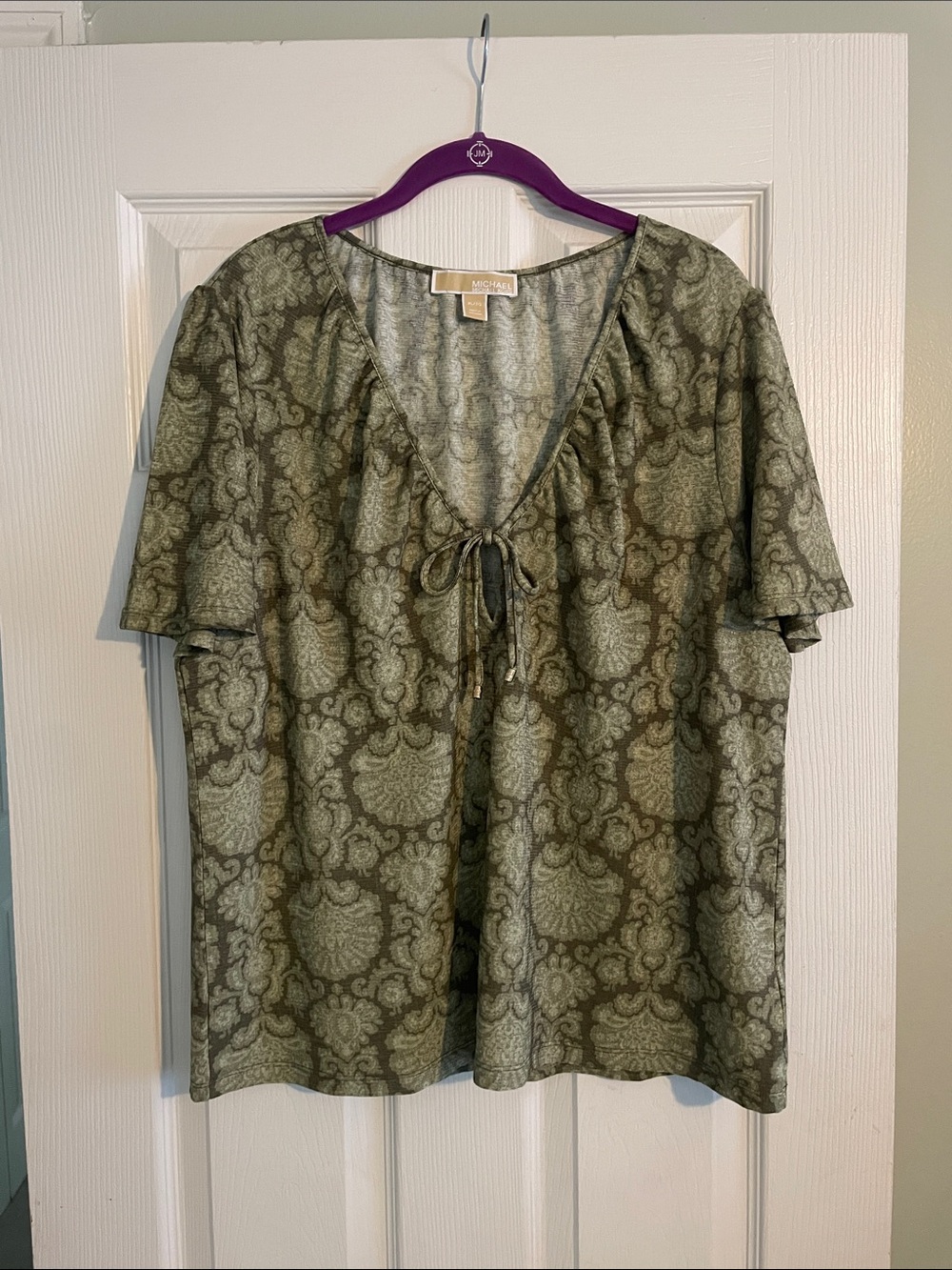 Michael Kors Olive-Print Tie Front Short Sleeve Blouse - Size XL